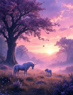 Primary subject: Two white unicorns standing in a grassy field.

Setting/background: The unicorns are standing in a grassy field with a tree in the background. The sky is pink, creating a serene and magical atmosphere.

Visual style: The image is a digital art illustration, featuring two white unicorns in a beautifully rendered grassy field.

Colors and mood: The dominant colors are pink and white, creating a warm and enchanting